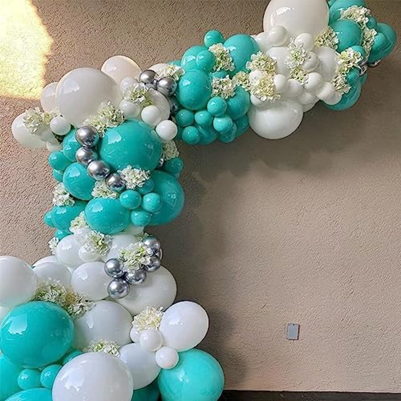 60pcs Teal Blue, Silver, and White Balloons - 12 Inch Turquoise and Silver Metallic Confetti Balloons Kit with Ribbons for Wedding, Bridal, Baby Shower, Birthday, Graduation, and Prom Party Decorations